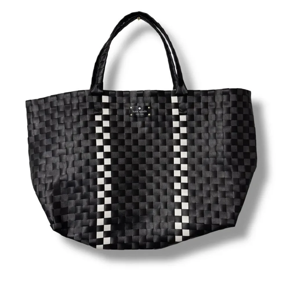 Kate Spade Large Woven Tote Black White Checkered Coastal Clean Girl Style